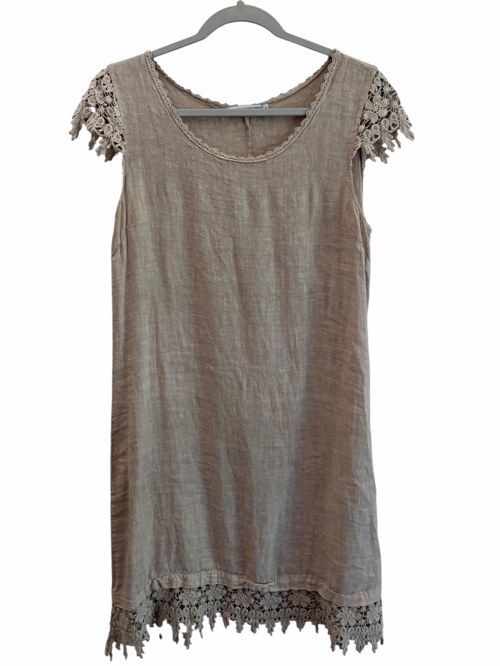 Martina Innocenti Coastal Beach 100% Linen Crochet Trim Shift Dress Taupe Small